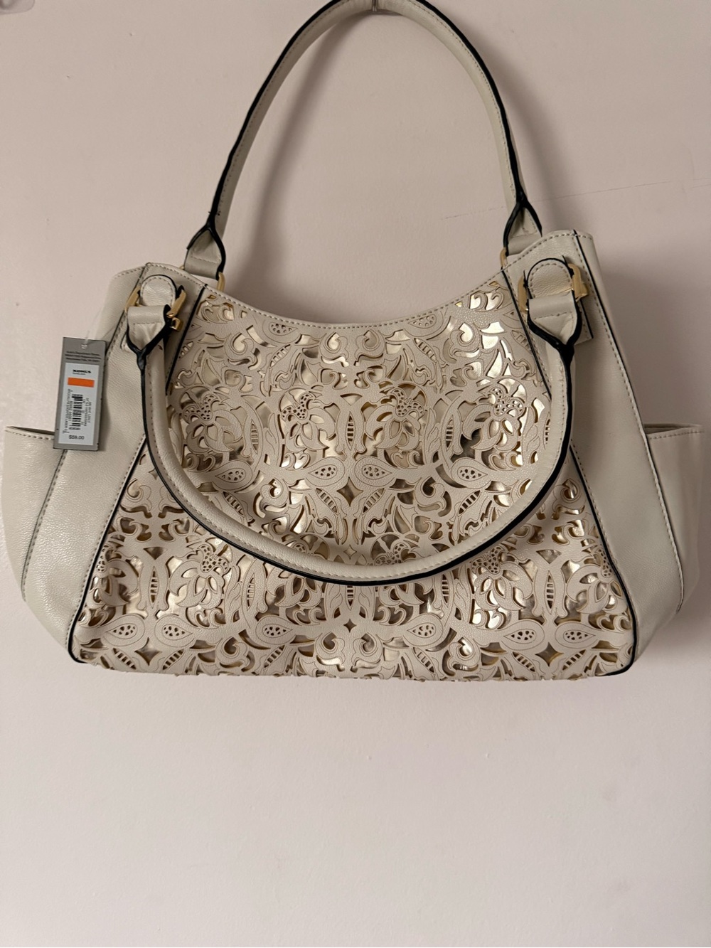 Kohl's Cream Laser-Cut Shoulder Bag with Gold Underlay